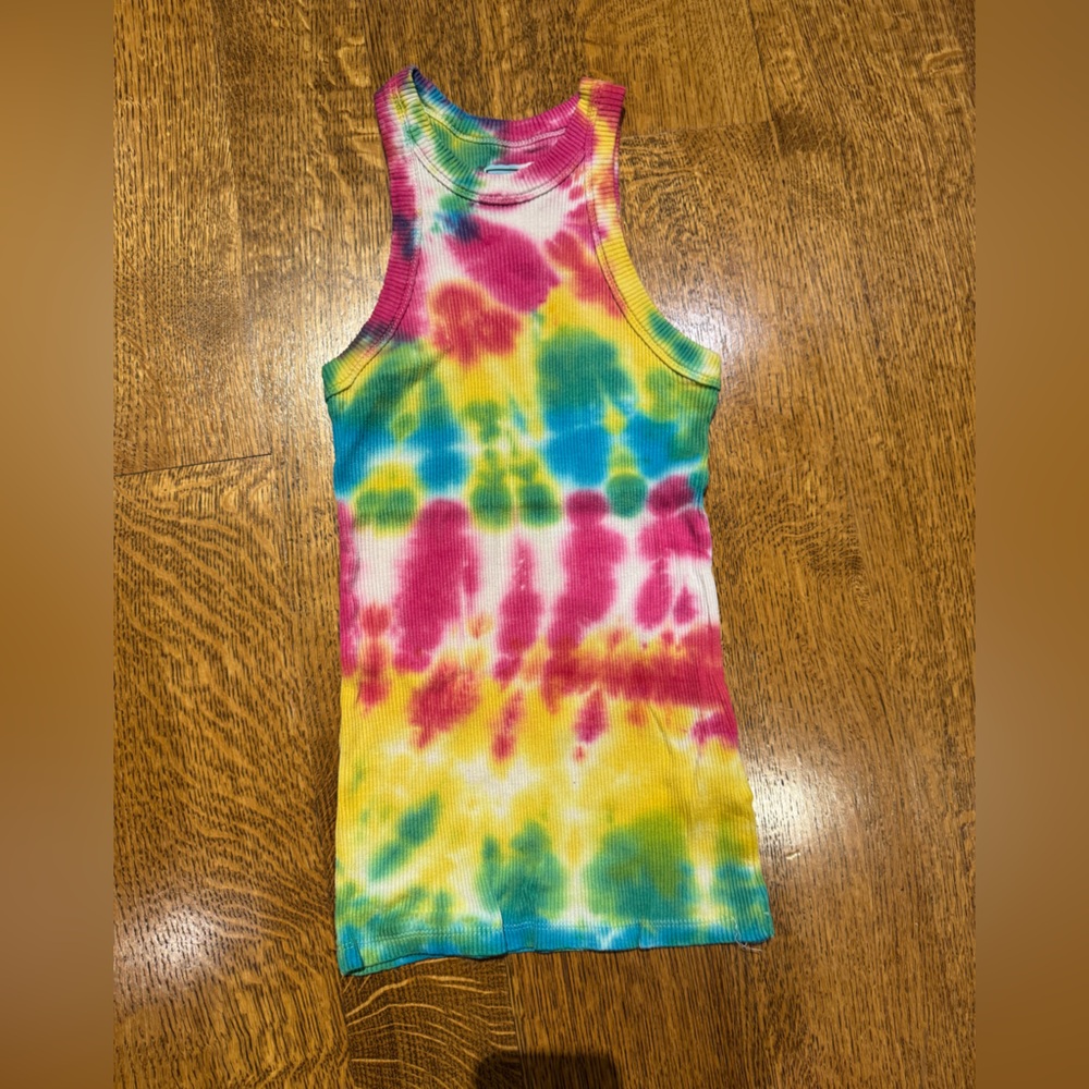 WESLEY Tie Dye Ribbed Racerback Tank Top Size S Colorful Stretch Knit - Picture 2 of 5